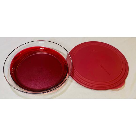 Tupperware Sheerly Elegant Red Round Platter Ruby Seal Clear 10" Serving Plate - Picture 8 of 11